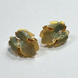 Vintage Gold-Tone Green Enamel Leaf Drop Earrings
